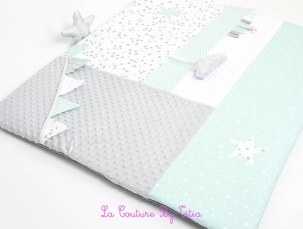 Miniature : Tapis d'éveil, fond de parc pluie d'étoiles gris, vert d'eau et minky gris
