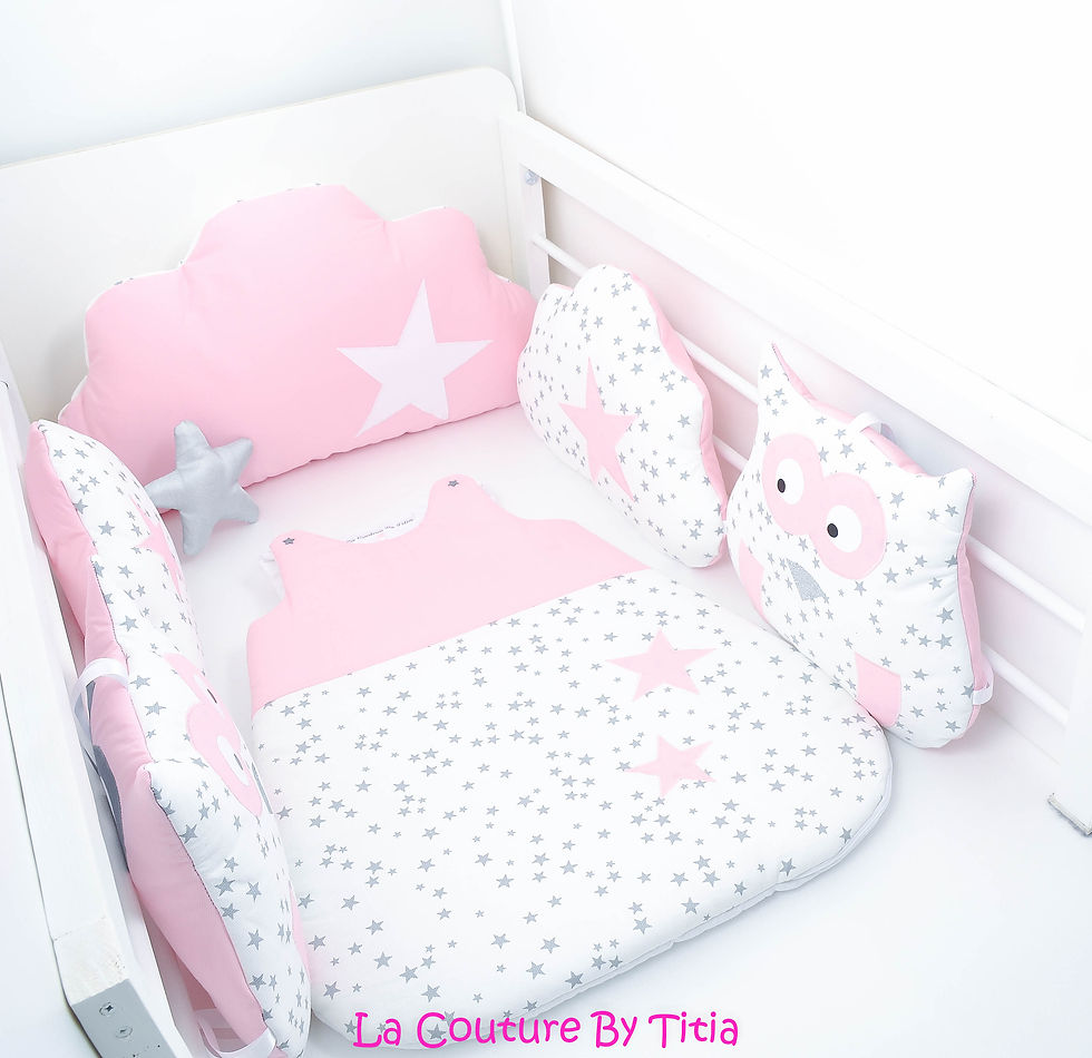 Thumbnail: Tour de Lit nuage hibou et gigoteuse pluie d'étoiles gris et chouette r