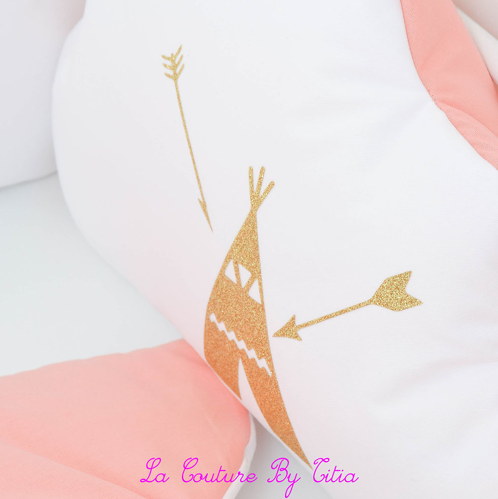 Thumbnail: White Indian style cloud bed bumper, coral, teepee and gold feathers