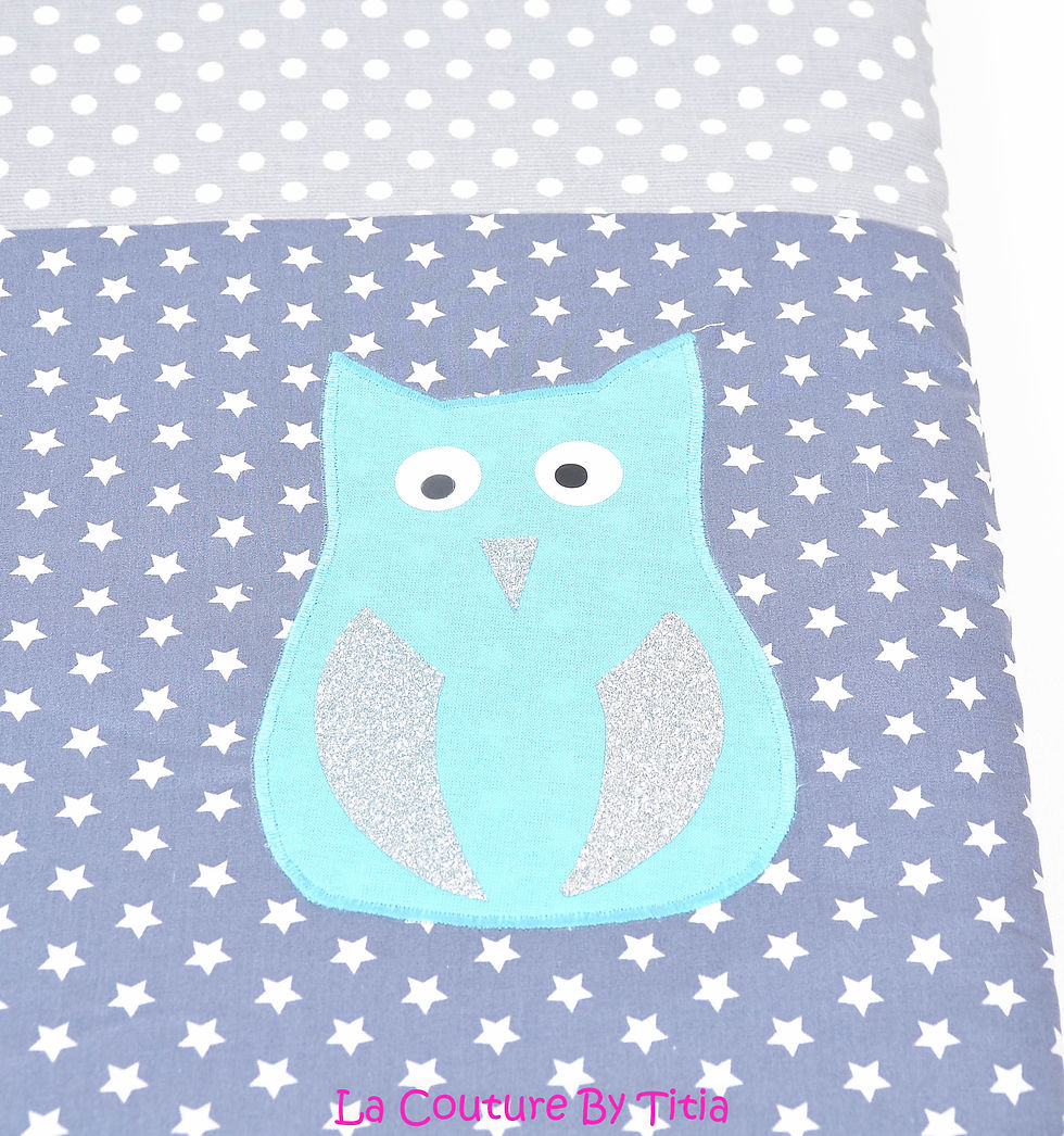 Thumbnail: Nid d'ange gris à pois, blanc étoiles et hibou turquoise