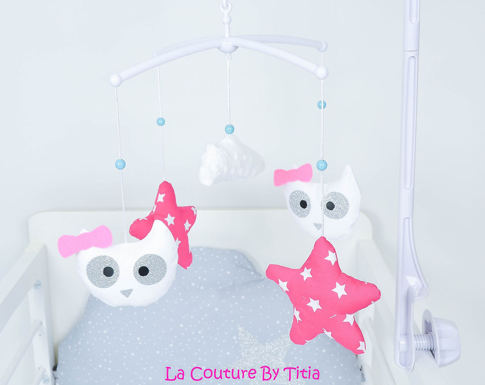 Thumbnail: Baby owl musical mobile white glitter minky cloud and fuchsia stars