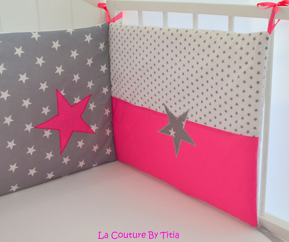 Miniature : Tour de Lit gris anthracite et étoiles fuchsia