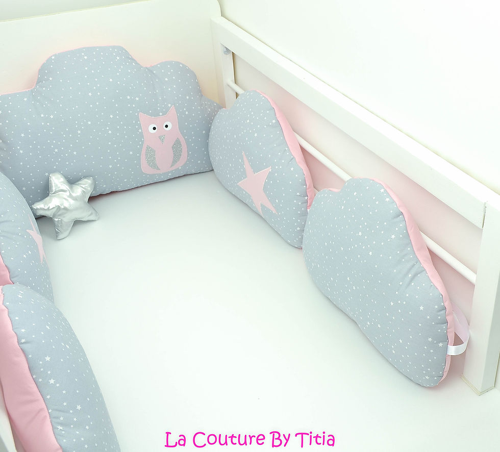 Thumbnail: Tour de Lit nuage 5 coussins étoiles gris et hibou rose paillettes