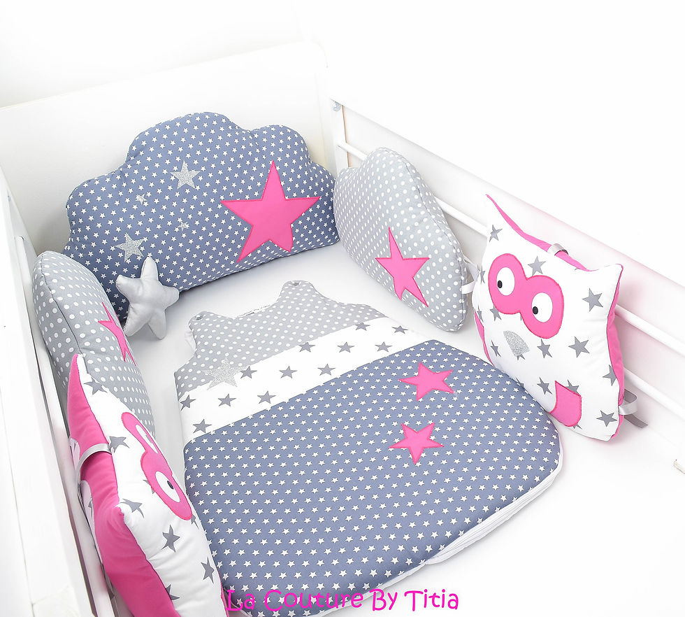 Thumbnail: Tour de Lit nuage hibou et gigoteuse gris à pois, blanc et chouette fuchsia