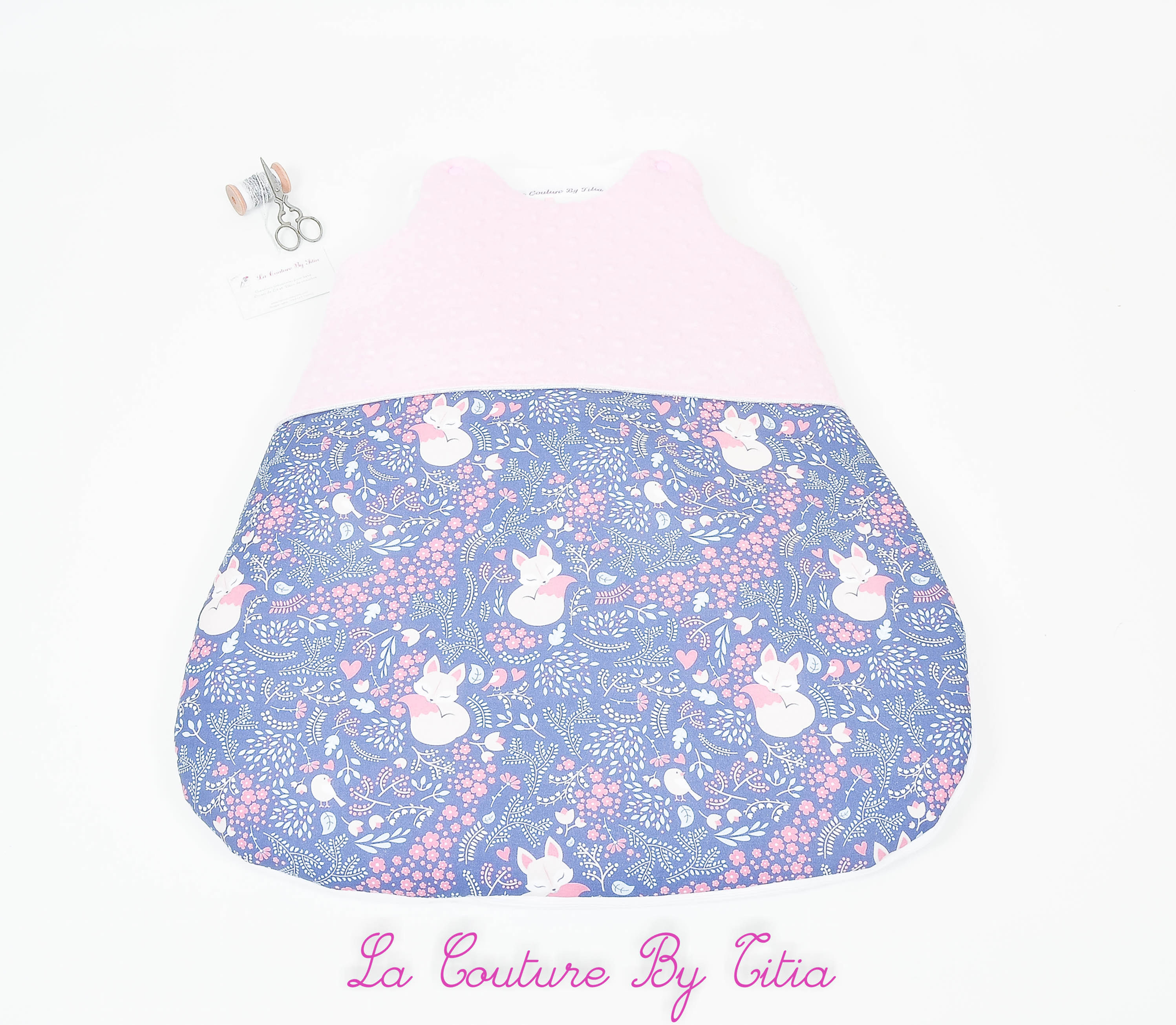 Turbulette gigoteuse minky rose, bleu et renard endormi rose