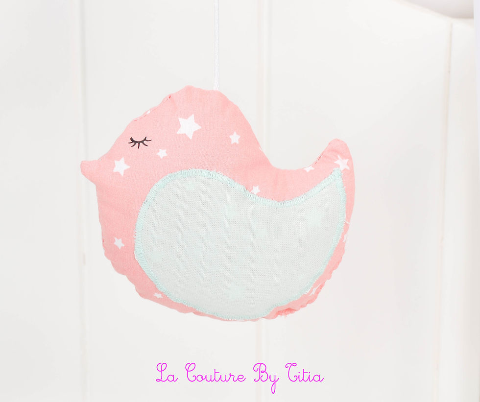 Miniature : Mobile musical bébé oiseau vert d'eau, papillon turquoise et nuage minky blanc