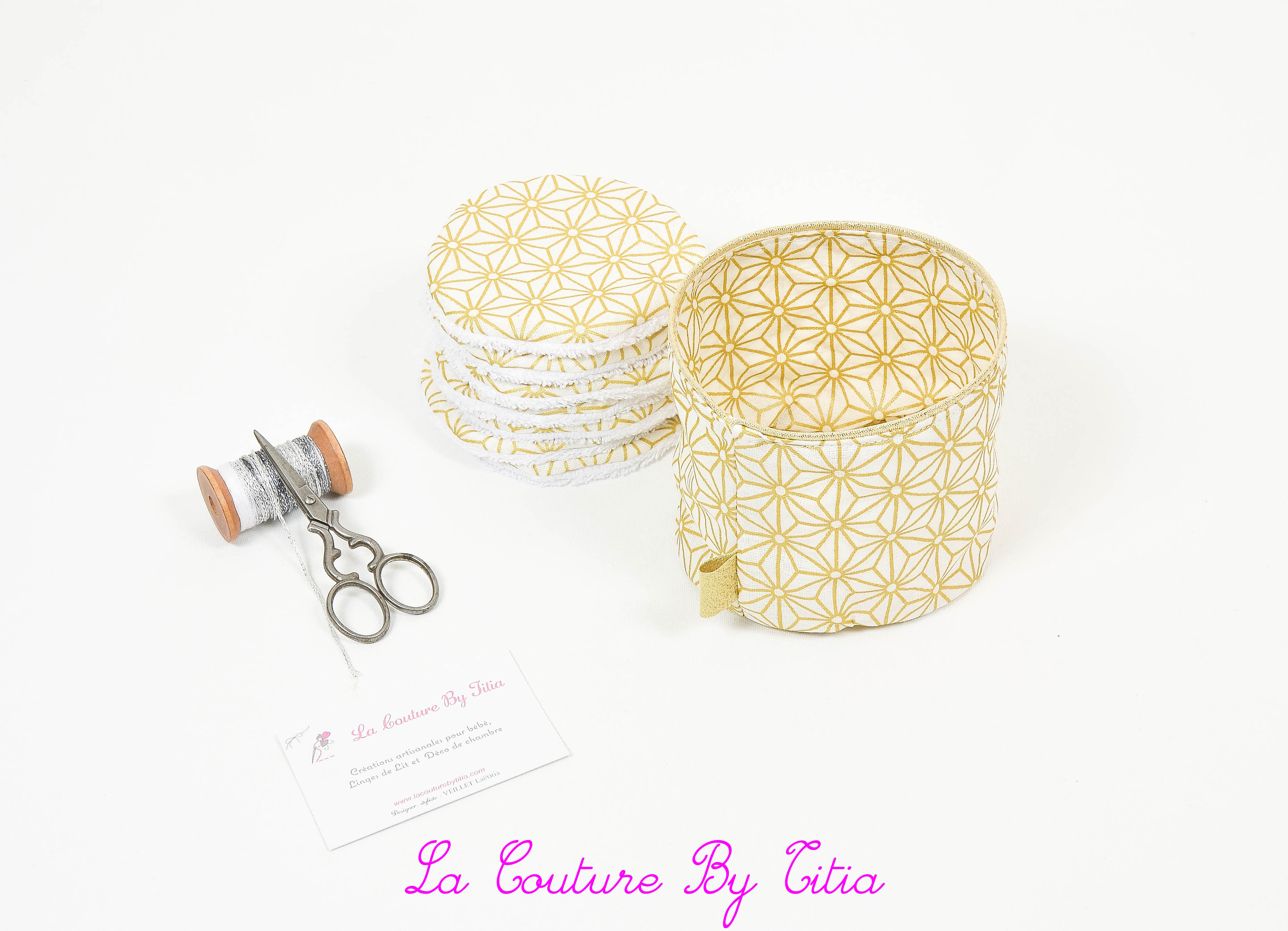 Lingettes éponge bio de bambou lavables et panier assorti tissu origami or
