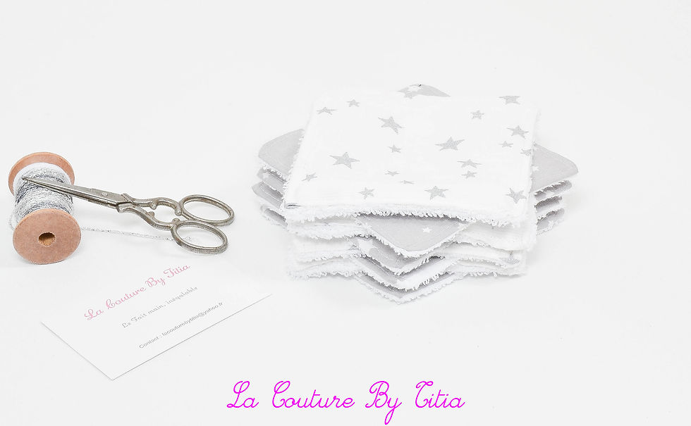 Miniature : Lot de 8 lingettes éponge lavables, réutilisables gris et blanc étoiles