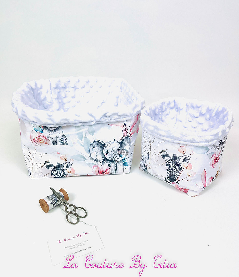 Miniature : Lot de 2 panières corbeilles de rangement minky et animaux savane rose