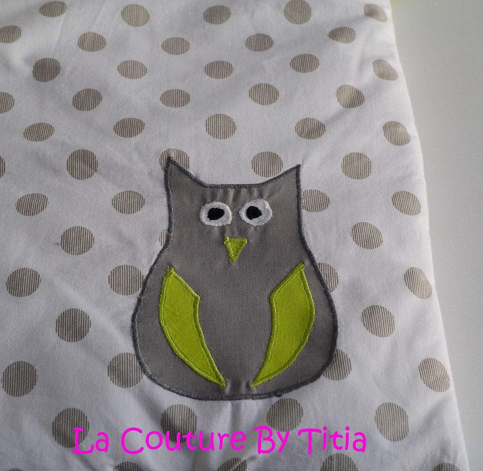Thumbnail: Nid d'Ange Fait Main Hibou Pois Etoiles Gris et Vert Anis