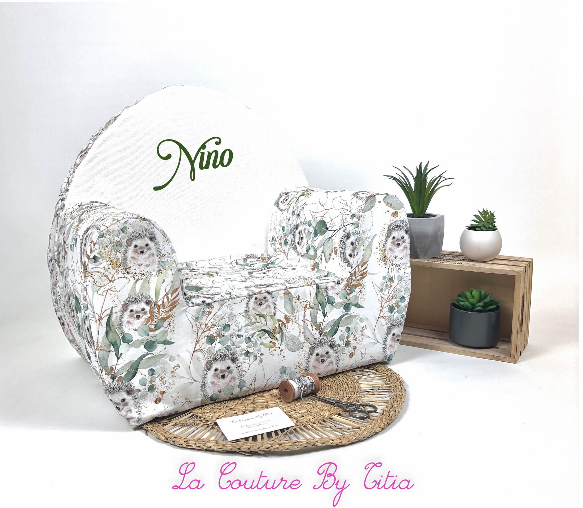 Fauteuil enfant, fauteuil enfant personnalisable, fauteuil hérisson vert d'eau