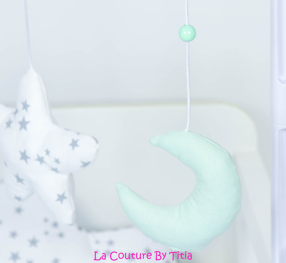 Miniature : Mobile musical bébé lune vert d'eau étoiles gris et nuage minky blanc