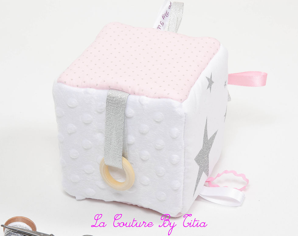 Thumbnail: Cube, Montessori-inspired activity game minky white, pink with silver polka dots