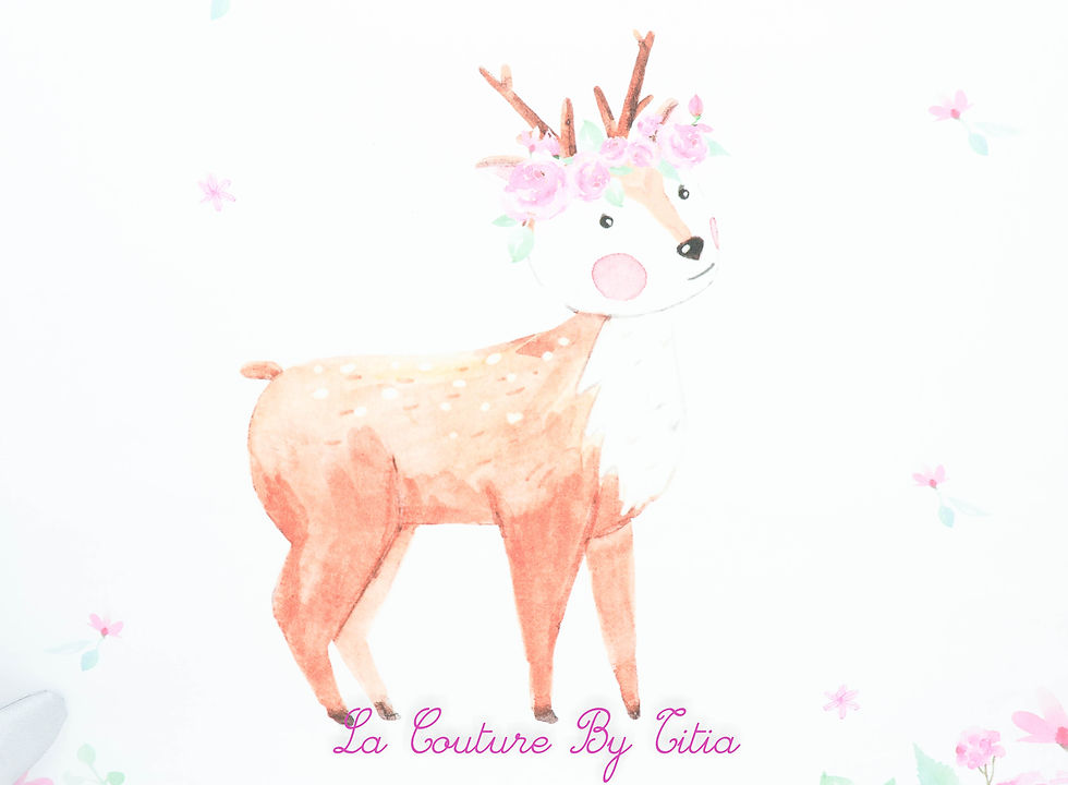 Thumbnail: Tour de Lit biche fleurs, plumetis blanc et rose
