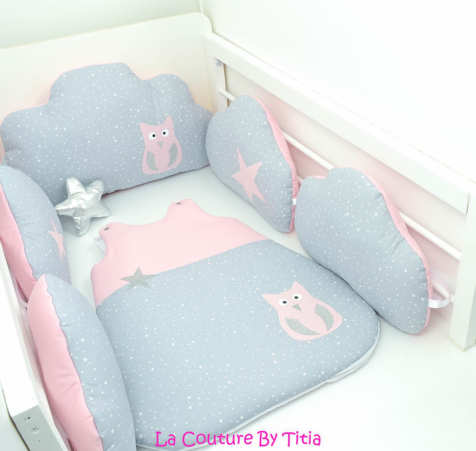 Thumbnail: Cloud bed and gray sleeping bag with stars and pink owl silver glitter