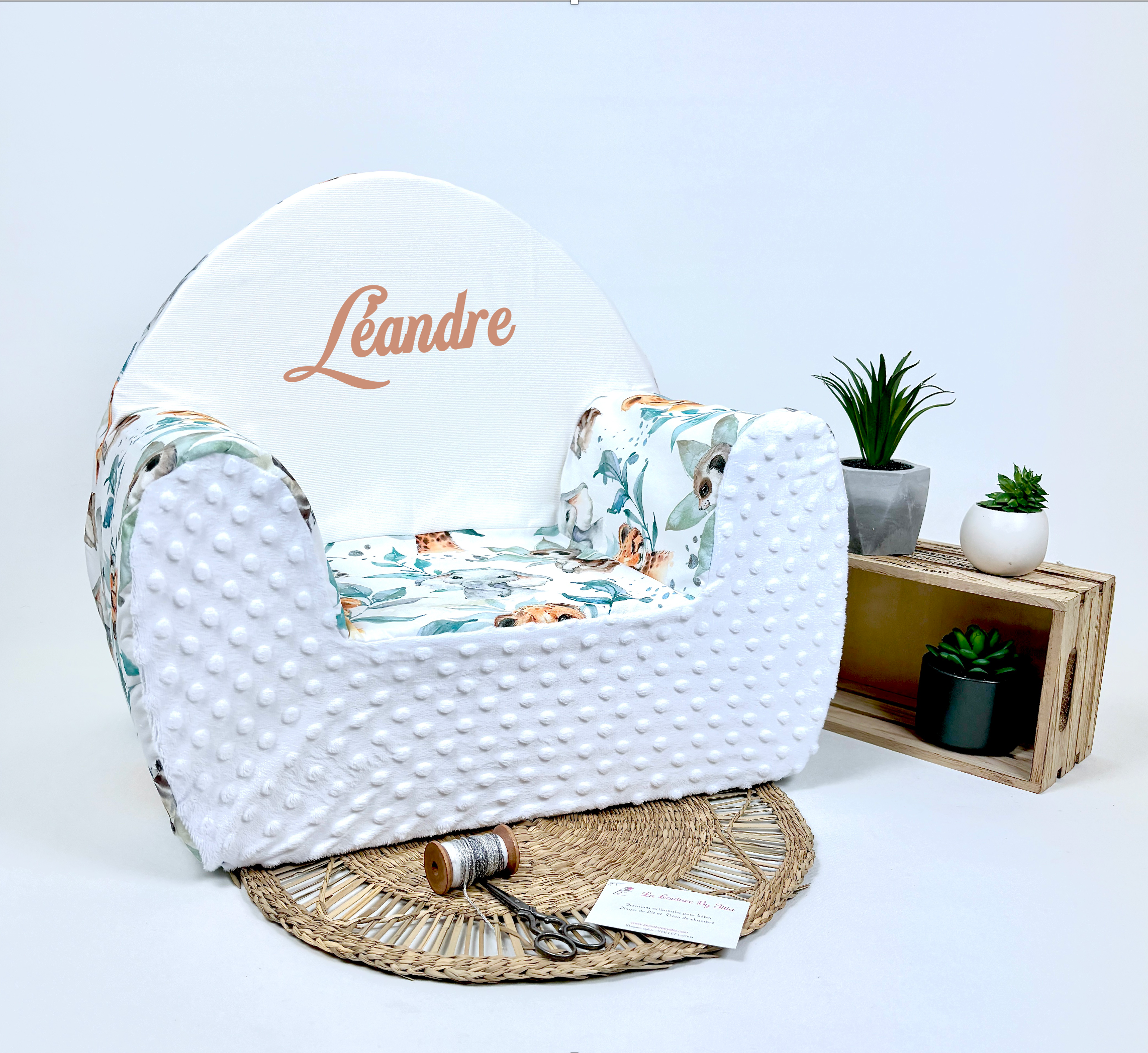 Fauteuil enfant, fauteuil enfant personnalisable, fauteuil enfant jungle minky