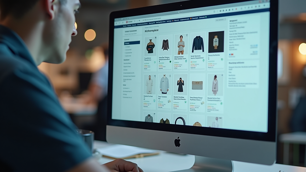 Eye-level view of a busy online marketplace dashboard showing product listings
