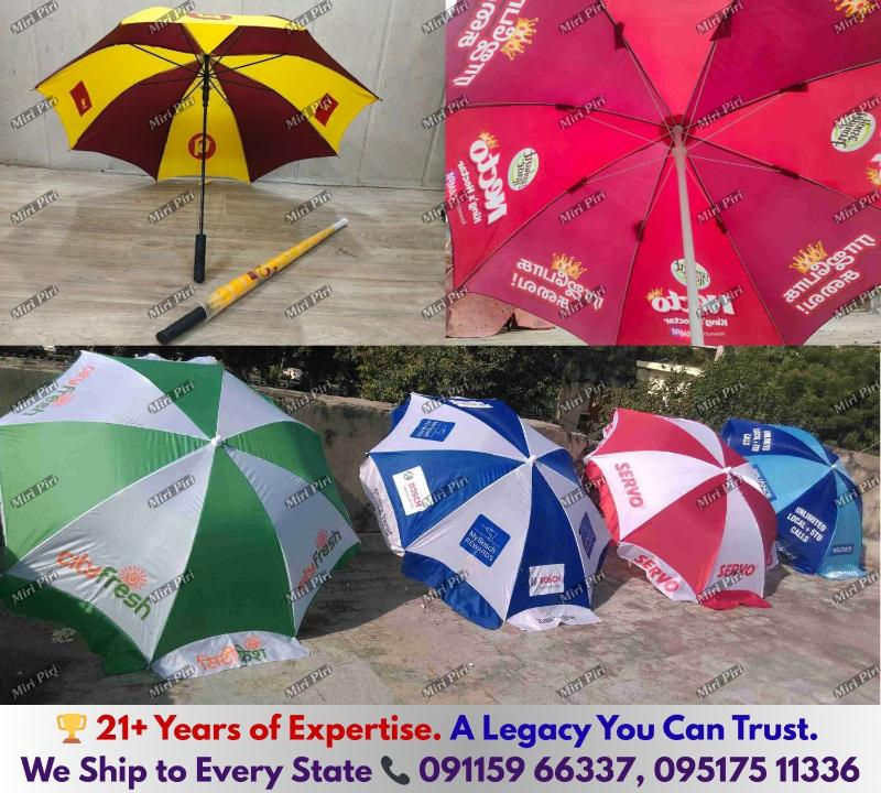 Wholesale supplier of promotional umbrellas near me across India, offering custom logo printing and bulk delivery.