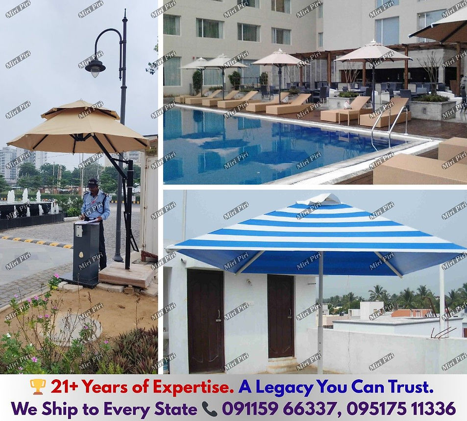 Large weatherproof outdoor umbrella installed at a security guard post for shade and rain protection