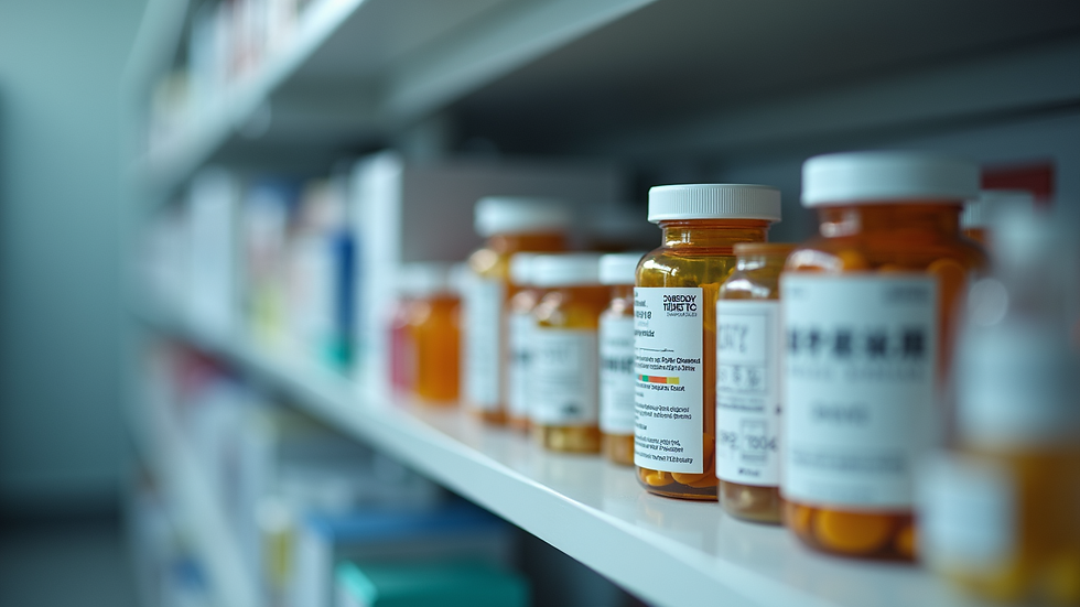 Close-up view of veterinary medications on a shelf