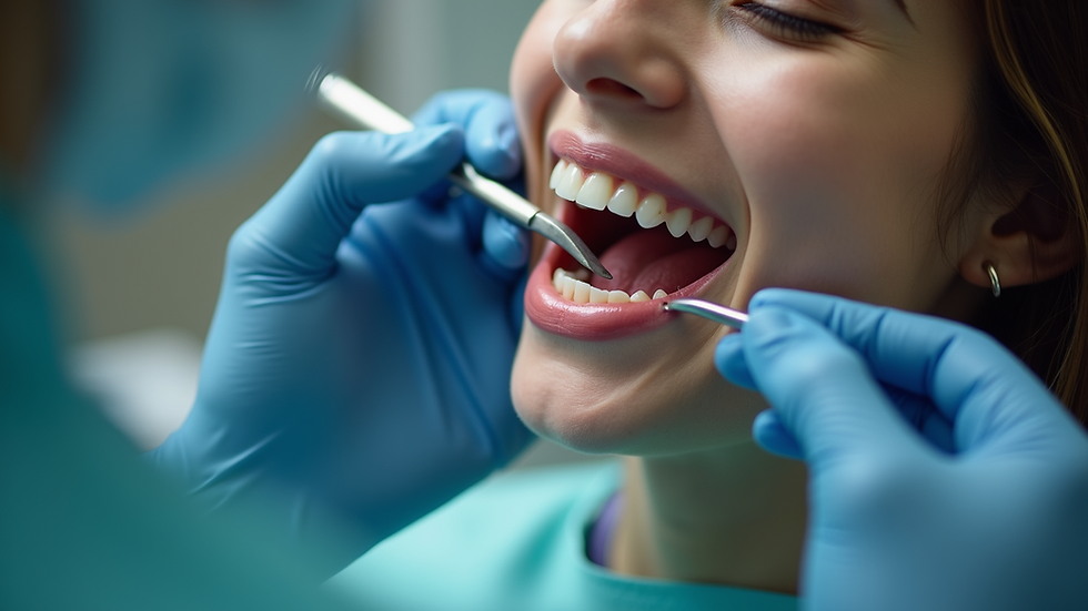 Close-up view of a dentist examining a patient's teeth
