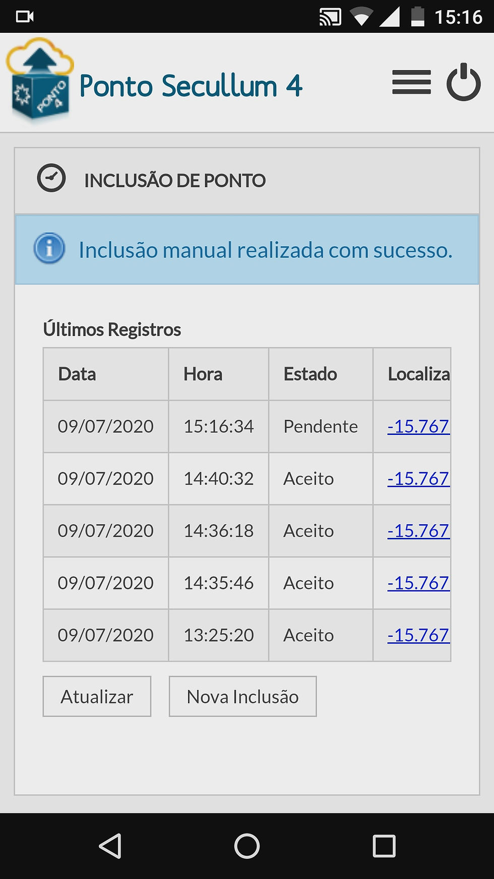 Tela informando sucesso na inclusão do ponto