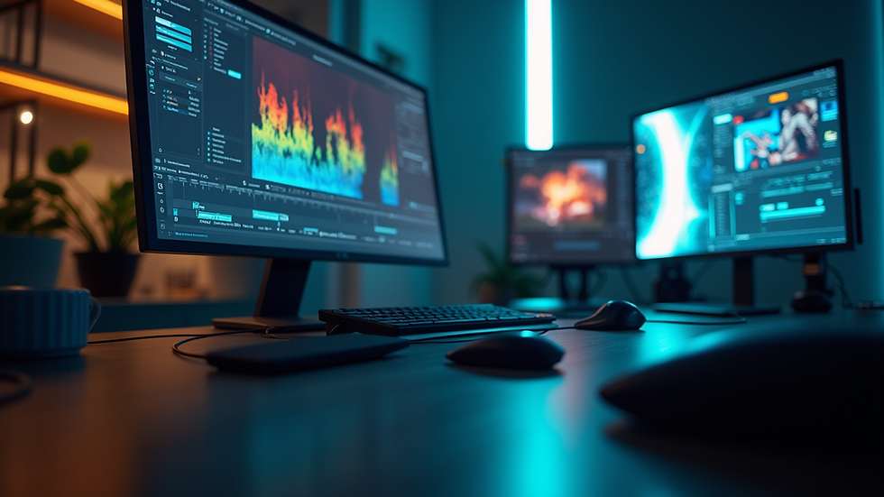 Eye-level view of a modern video editing workstation with AI software on screen