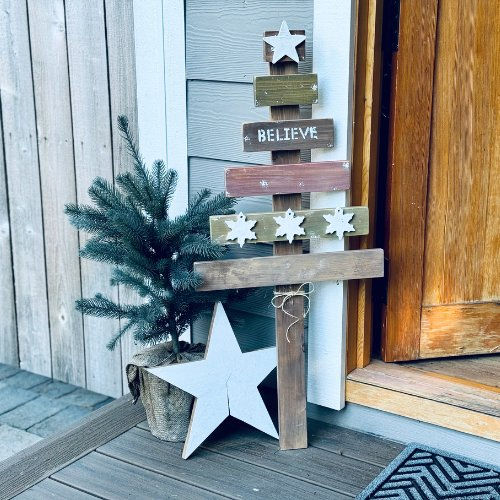 Thumbnail: pallet wood Christmas tree with wood star, snowflake ornaments and stenciled word