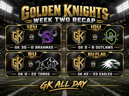 The 6U Flag Golden Knights put on an offensive show against the Luling Eagles. Despite being without their starting quarterback due to illness, the young Knights lit up the scoreboard with 42 points and earned an exciting 42–33 victory