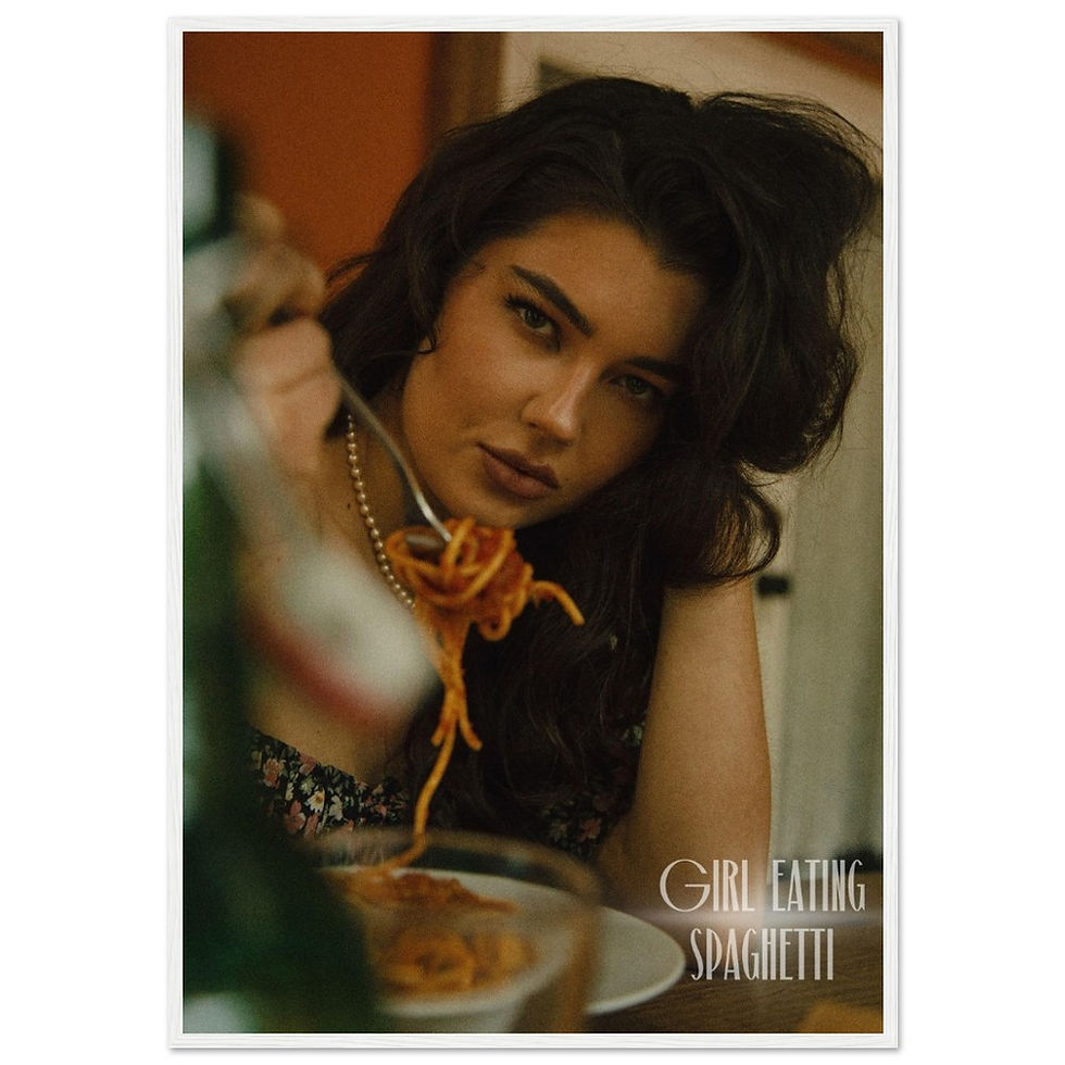 Miniaturbild: GIRL EATING SPAGHETTI - Art Print mit Holzrahmen