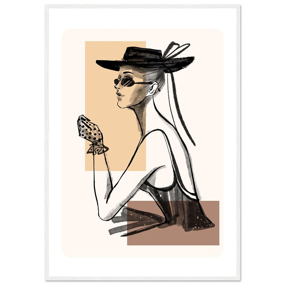 Miniaturbild: Frau mit geometrischen Formen im Hintergrund II - Art Print mit Holzrahmen