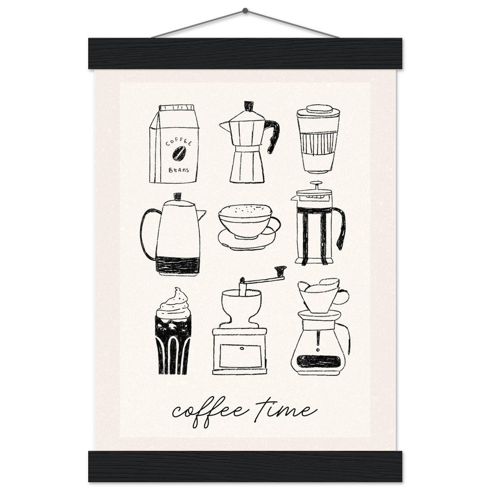 Coffee Time Skizzen Art Print mit Leisten – Vintage Kaffeemotive für deine Küche