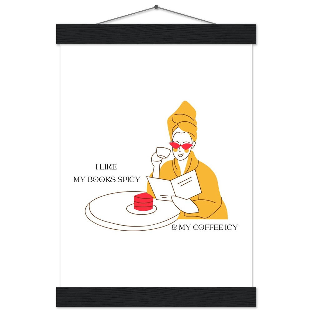 Frau mit Buch die gerne liest und Kaffee trinkt in Farbe - Art Print mit Leisten