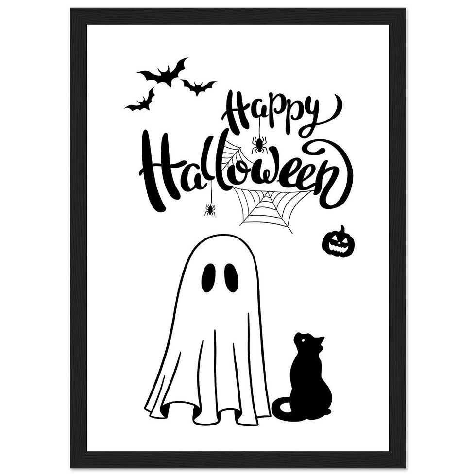 Happy Halloween mit Geist und Katze - Art Print mit Holzrahmen