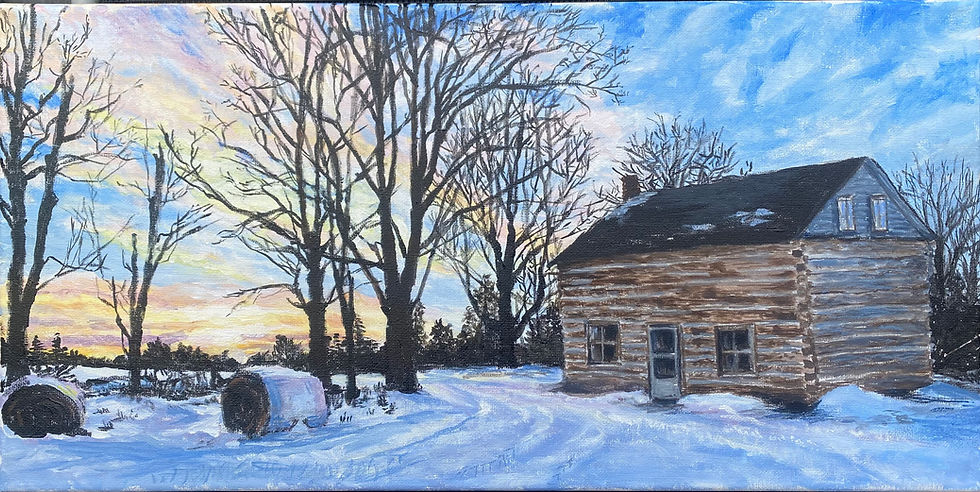 winter oil landscape with log cabin and maple trees silloetted by sunset