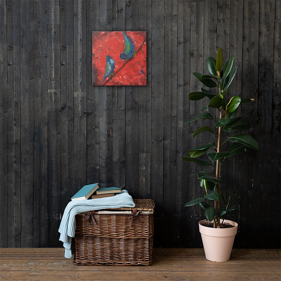 Thumbnail: Love Birds Art Print on grey wall with wooden panels next to wicker basket and plant