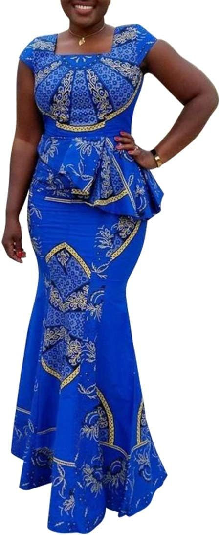 VERWIN African Dress Cap Sleeve Square Neck Floor-Length Geometric Mermaid Maxi