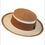 Thumbnail: Tan and white brimmed hat with a brown band, elegant summer wear.