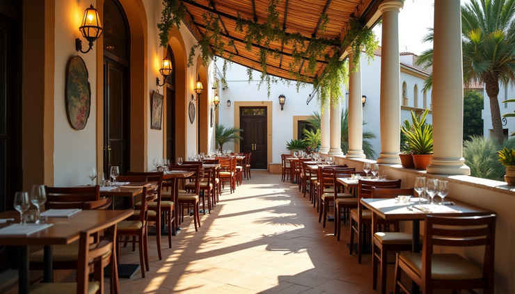 Eye-level view of a traditional tapas bar terrace in Torrox with outdoor seating