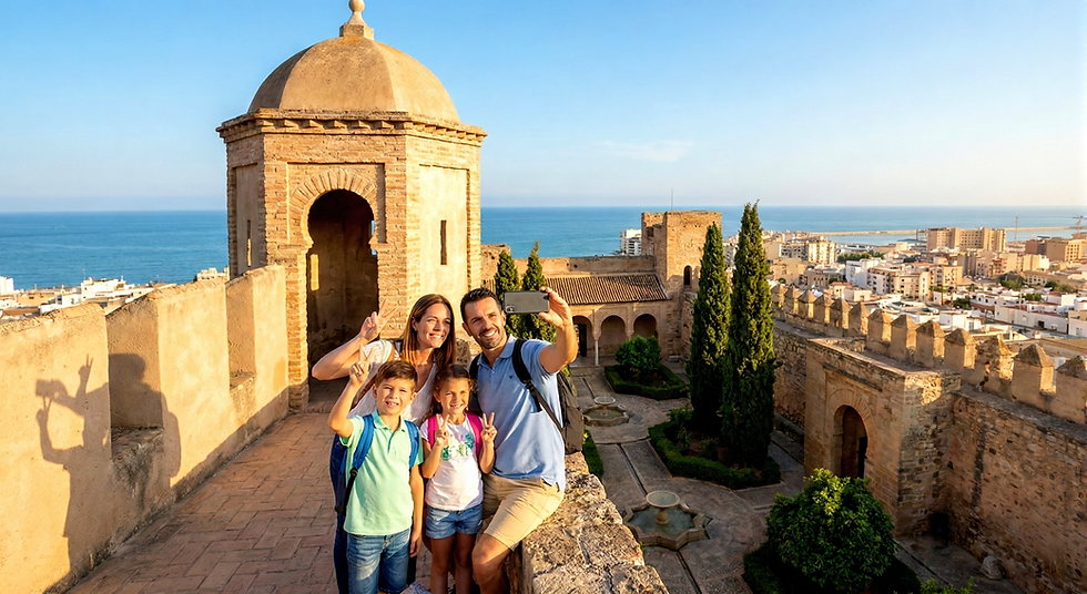 Family taking a selfie The Alcazaba of Almería with a coastal city Almerí and sea in the background. Sunny day, cheerful expressions.