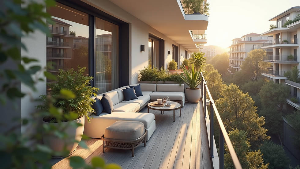 High angle view of a modern apartment balcony with giyotin cam balkon system
