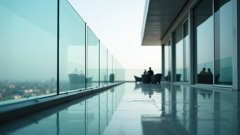 Eye-level view of modern glass balcony with aluminum profiles