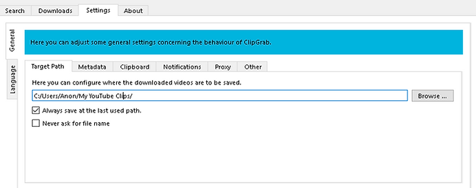 ClipGrab Settings Target Path tab