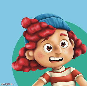 An illustration of the character Giulia from the pixar film 'Luca'. The character is a young girl with red hair and freckles. She is wearing a red and white striped tshirt and a blue knitted hat.
