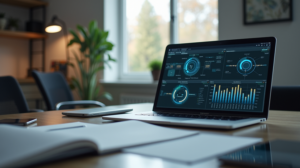 Eye-level view of a modern office desk with a laptop showing AI software