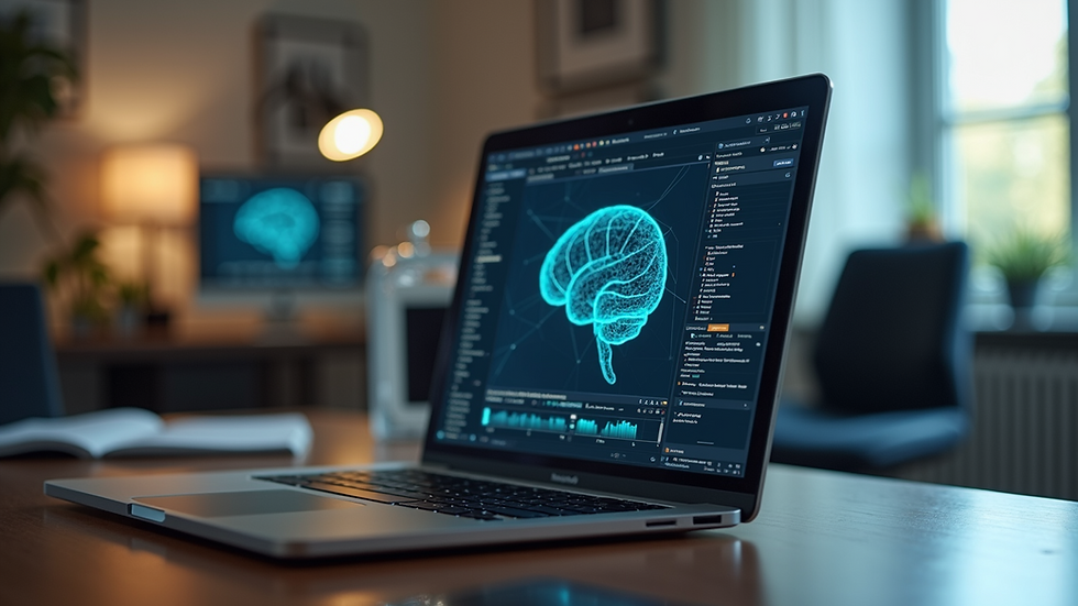 Eye-level view of a modern office desk with a laptop showing AI software