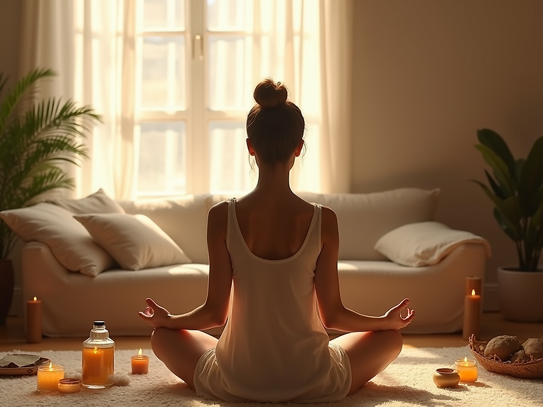 A-person-meditating-in-a-cozy-room-with-soft-lighting-and-aromatic-botanicals-around-them-