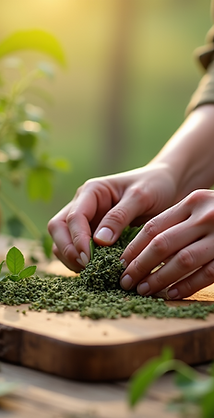Close-up-shot-of-herbalist's-hands-preparing-medicinal-herbs-with-soft-natural-lighting-an