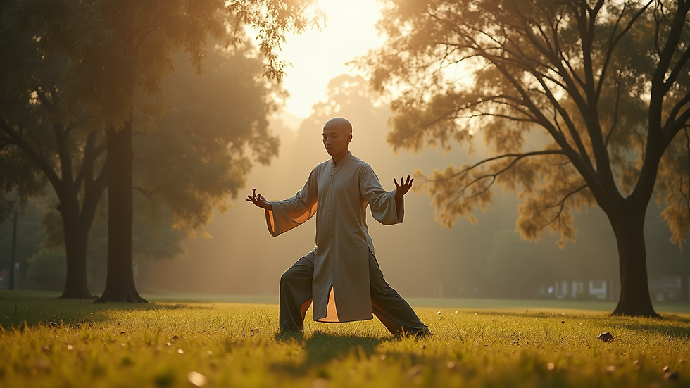 Eye-level view of a person practicing qigong in a peaceful Australian park