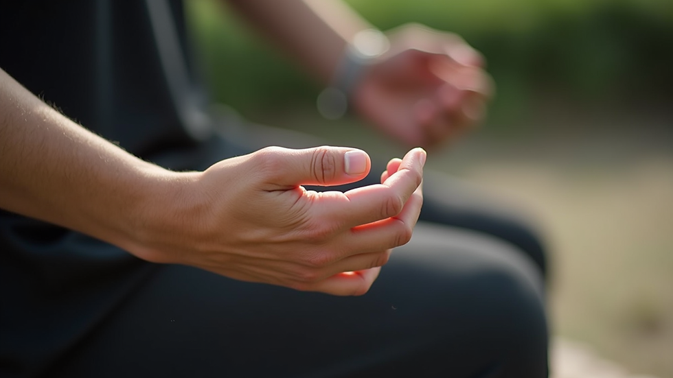 Close-up view of hands gently moving in a Qigong posture